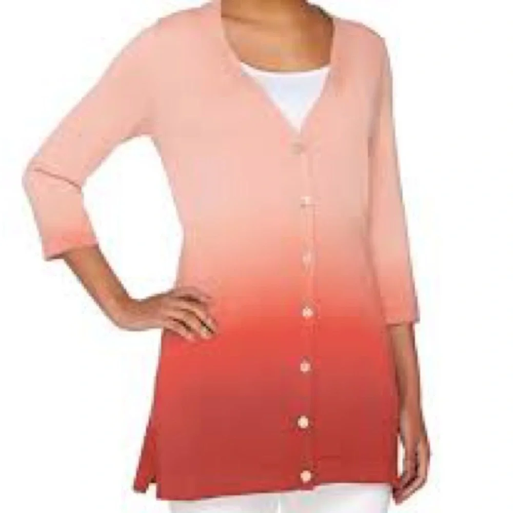 2/$35 Isaac Mizrahi Coral Dip Dye Three Quarter Sleeve Cardigan